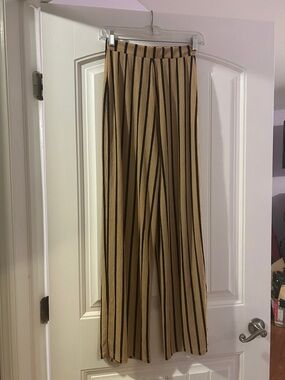 Zara Striped Wide-Leg Trousers in Camel and Black